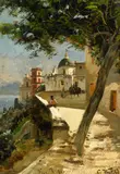 Carl Wuttke, Küstenstraße in Vico am Golf von Neapel, Öl auf Holz