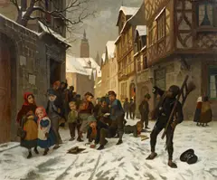 Fritz Paulsen, "Der von der Schuljugend geschneeballte Schornsteinfeger", Öl auf Leinwand