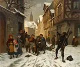Fritz Paulsen, "Der von der Schuljugend geschneeballte Schornsteinfeger", Öl auf Leinwand