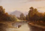 Robert Kummer, Flusslandschaft mit Fährboot, Öl auf Holz