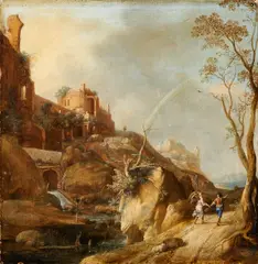 Bartholomeus Breenbergh, Gebirgige Landschaft mit Tobias und dem Engel, Öl auf Holz