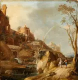 Bartholomeus Breenbergh, Gebirgige Landschaft mit Tobias und dem Engel, Öl auf Holz