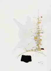 Georges Mathieu, "Verseau", Mischtechnik (Aquarell, Goldfarbe, Papiercollage) auf ARCHES FRANCE (Wasserzeichen)