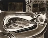 Stillleben mit Fisch by Karl Schmidt-Rottluff, Tusche auf Hahnemühle (Wasserzeichen), sold Jun 2015