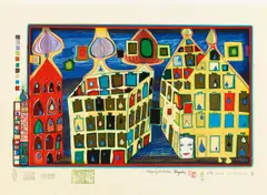 Look at it on a rainy day by Friedensreich Hundertwasser, 1971/72, Holzkassette mit zehn Farbserigraphien und Metallprägung auf unterschiedlichen Papieren, sold Nov 2015