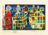 Look at it on a rainy day by Friedensreich Hundertwasser, 1971/72, Holzkassette mit zehn Farbserigraphien und Metallprägung auf unterschiedlichen Papieren, sold Nov 2015