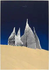 Lichtskulptur in der Wüste by Heinz Mack, Farbserigrafie und Sand auf Silberkarton, sold Jun 2015