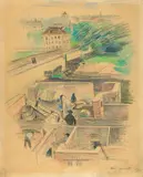 Lovis Corinth, "Hausbau", Farbkreiden auf Velin