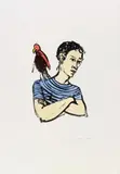 Stephan Balkenhol, Mann mit Papagei, Farblithografie auf FA FABRIANO (Wasserzeichen)