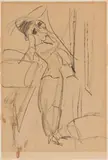 Vor dem Spiegel - Frau in modischem Kostüm einen Hut aufprobierend by Ernst Ludwig Kirchner, Farbkreiden auf leichtem Karton, sold Jun 2015