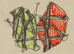 Ohne Titel (Knochenbild) by Markus Lüpertz, Grafit und Farbkreiden auf gräulichem Velin, sold Jun 2016