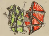 Markus Lüpertz, Ohne Titel (Knochenbild), Grafit und Farbkreiden auf gräulichem Velin