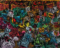 Café de Flore by Jörg Immendorff, Überarbeiteter Farblinolschnitt auf Leinwand, sold Jun 2015