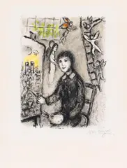 Le peintre devant le tableau by Marc Chagall, Farblithografie auf ARCHES FRANCE (Wasserzeichen), sold Jun 2015