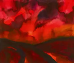 Herbert Beck, Landschaft mit rotem Abendhimmel, Aquarell auf Aquarellkarton