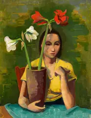 Karl Hofer, Mädchen mit Amaryllis, Öl auf Pappe