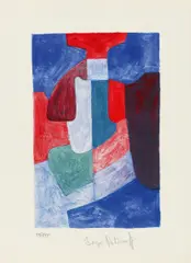 Composition bleue, verte et rouge by Serge Poliakoff, Farblithografie und Texteindruck auf BFK Rives (Wasserzeichen), mittig gefalzt, sold Jun 2015