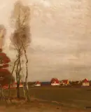 Carl von Marr, München-Solln. <br />Landschaft mit Birken, im Hintergrund die Häuser der Aidenbachstraße