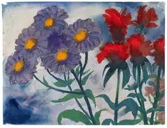 Emil Nolde, Violette und rote Blüten, Aquarell auf Japan