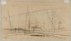 Ohne Titel by Lyonel Feininger, Kohlezeichnung auf bläulichem Japan, sold Jun 2015
