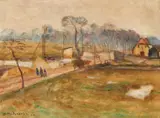 Otto Modersohn, Vorfrühling in Fischerhude - Blick aus dem Atelier (Bau der Wümmebrücke am Nordarm der Wümme), Öl auf Leinwand