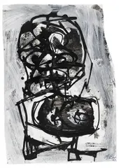 Antonio Saura Atarés, Ohne Titel, Tusche und Deckweiß auf Karton