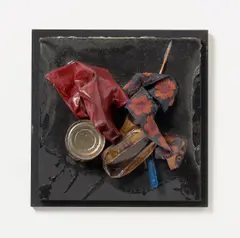 Tableau piège (Cavigliano - Aachen Express) by Daniel Spoerri, Assemblage aus verschiedenen Materialien, sold Jun 2015