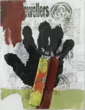 Walter Dahn, Ohne Titel (Handabdruck und Feuerwerkskörper), Mischtechnik und Collage auf bedrucktem Papier