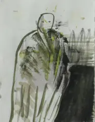 Walter Dahn, Ohne Titel (Figur mit Gewand), Mischtechnik auf Notizzettel