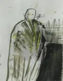 Walter Dahn, Ohne Titel (Figur mit Gewand), Mischtechnik auf Notizzettel