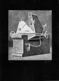 Konrad Klapheck, Ohne Titel (Bohrmaschine), Radierung auf schwarzem Karton