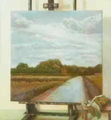Karolus Lodenkämper, Ohne Titel (Landschaft auf Staffelei), Acryl auf Leinwand
