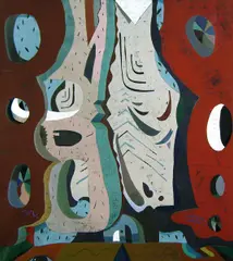 Alexander Esters, Die Bilderstreit, Druck-, Öl- und Acrylfarbe, Buntstifte und PVC-Druck auf Leinwand