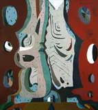 Alexander Esters, Die Bilderstreit, Druck-, Öl- und Acrylfarbe, Buntstifte und PVC-Druck auf Leinwand