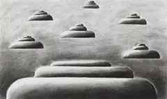 Andreas Schulze, Ohne Titel (fliegende Untertassen), Kohle auf Papier