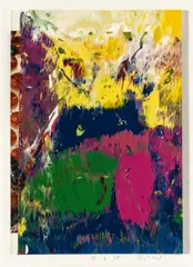 Gerhard Richter, Ohne Titel, Öl über Farboffset auf Katalogseite (?), in Passepartout montiert (48,5 x 39,5cm)