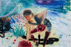Frau mit Blumen by Tamara K.E., Öl auf Papier, sold Jun 2015