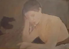 Tamara K.E., Lesende Frau, Kreide auf Sperrholz