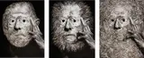 Jürgen von Dückerhoff, Ohne Titel (Triptychon, Flower Face 1-3), Ausradierung/Frottage auf Offset-Druck