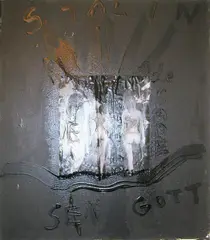 Sexgott by Jonathan Meese, Öl und Papier auf Leinwand, sold Jun 2015