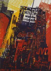 Gerd Winner, Städteansicht (Hochhäuser, Werbung rot, gelb, schwarz), Siebdruck auf Papier