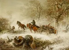 Hermann d.Ä. Kauffmann, Holzfuhrwerk im Schneetreiben, Öl auf Leinwand