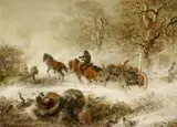Hermann d.Ä. Kauffmann, Holzfuhrwerk im Schneetreiben, Öl auf Leinwand