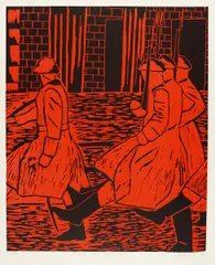 Salomé, Abgang der Geschichte (Rot), Linolschnitt auf rotem Fond auf Hahnemühle (Wasserzeichen)