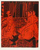 Salomé, Abgang der Geschichte (Rot), Linolschnitt auf rotem Fond auf Hahnemühle (Wasserzeichen)