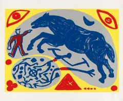 Pferd mit Mongole by A. R. Penck, Farbserigrafie auf Bütten, sold Nov 2015