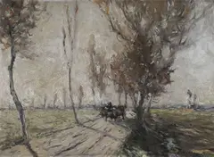 Julius Seyler, French Landscape at Sunrise, Oil on board