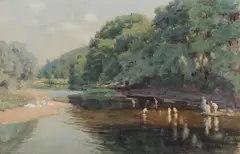 Edward Henry Potthast, Bathers Along a Stream, Watercolor on paper