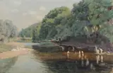Edward Henry Potthast, Bathers Along a Stream, Watercolor on paper