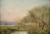 Paul Rossert, Dusk Summer Landscape with Figures, Oil on canvas